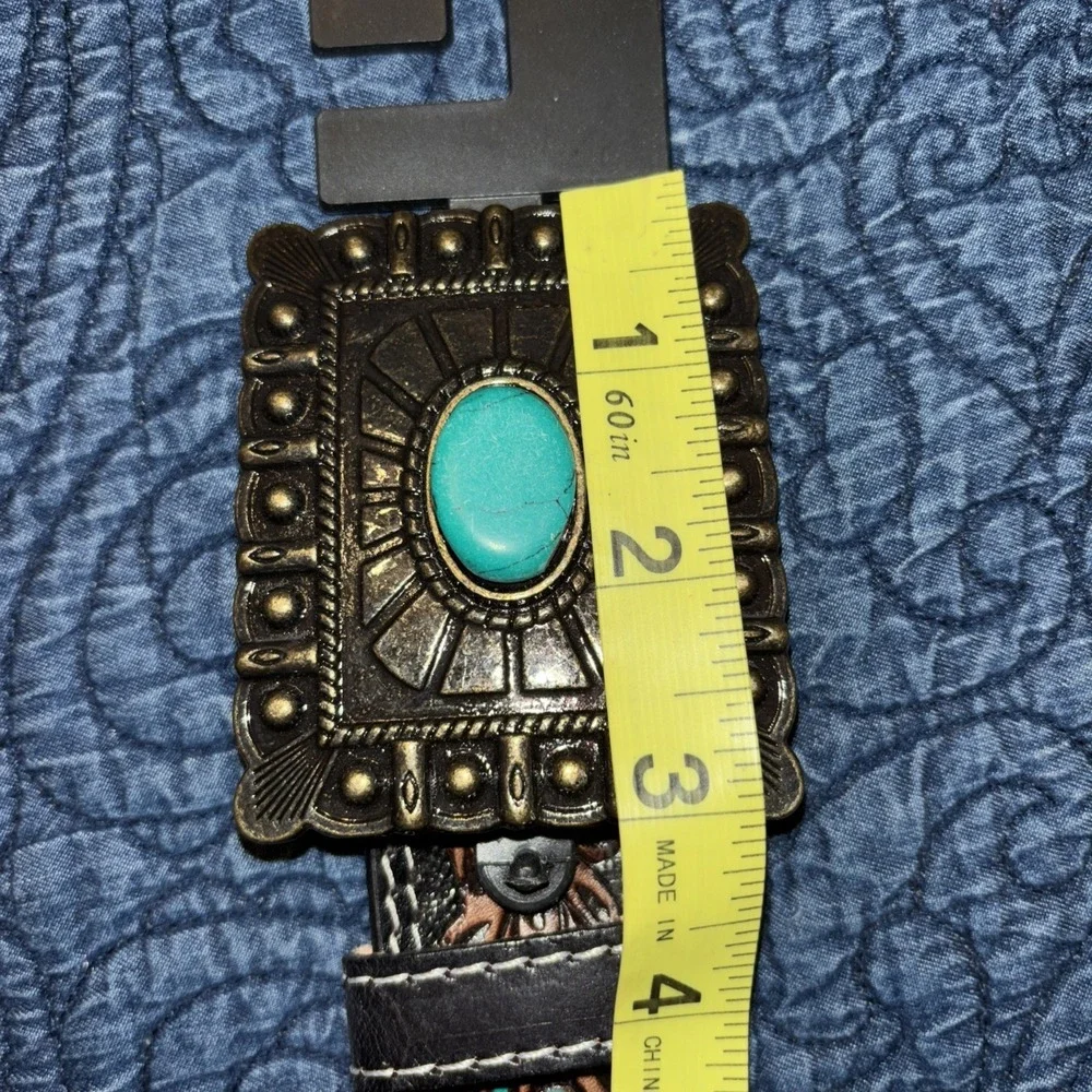 NWT American Bison Tooled Leather Belt Sz XL 42-44 Sunflower Turquoise Buckle